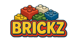 Logo that says BRICKZ in a retro toys style font an colors wite lego playing bricks bhiand the logo